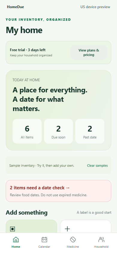 HomeDue inventory dashboard showing all items, due soon items and past-date items