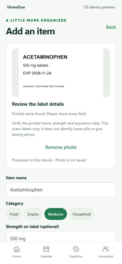 HomeDue printed medicine label review screen