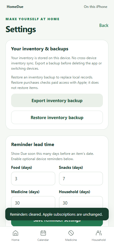 HomeDue settings screen with inventory backup and reminder controls